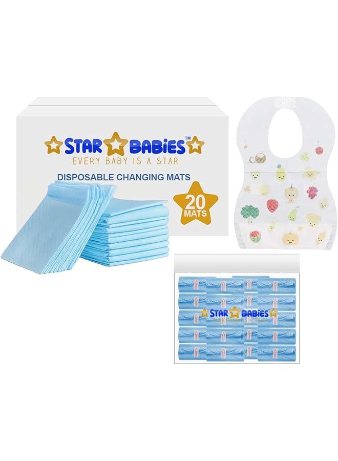 STAR BABiES Disposable Chaging Mat Pack Of 20 Scented Bag Pack Of 20 Disposable Bibs 20Pcs Blue - Image 1