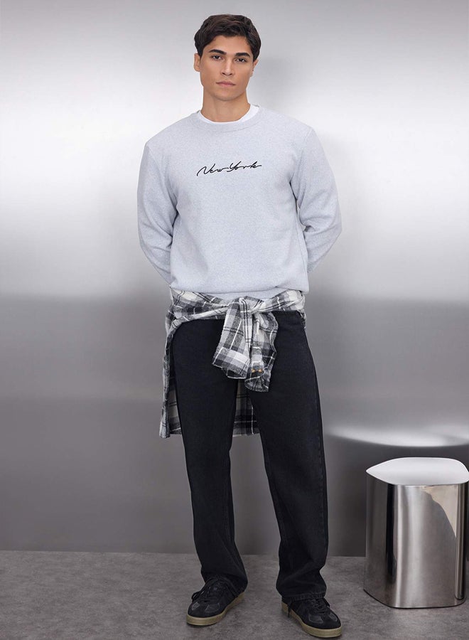 trendyol Grey 100% Cotton Regular/Normal Cut Embroidered Inside Polar Fleece/Warm Sweatshirt - Image 1