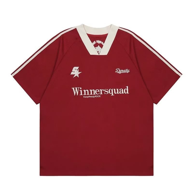 Mens Retro V-Neck Baseball Jersey T-Shirt Red (embroidery)  - Image 1