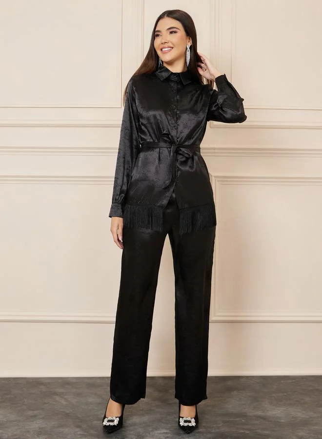 ستايلي Satin Jacquard Print Tassel Hem Shirt and Straight Leg Pant Set