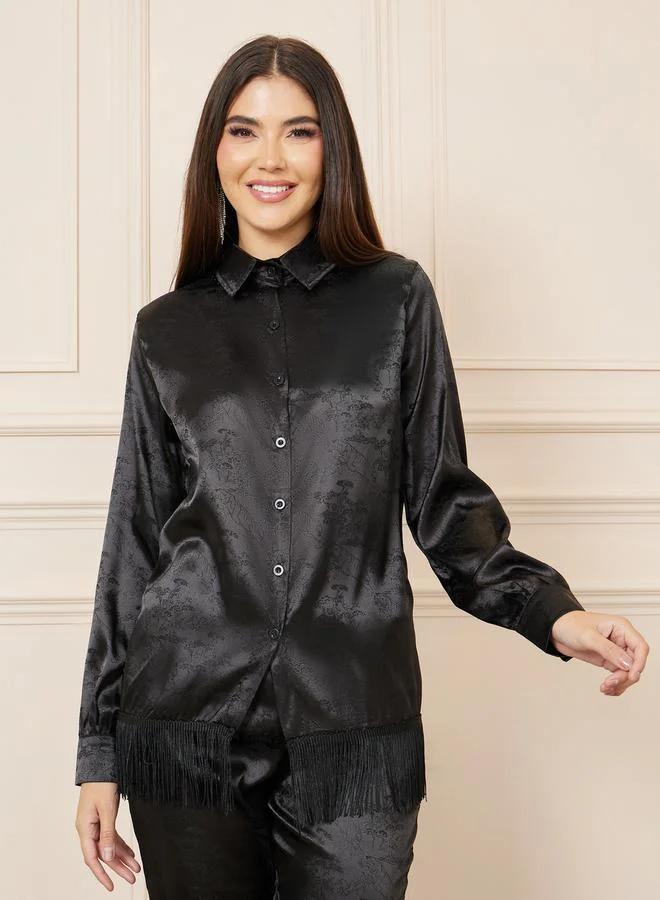 ستايلي Satin Jacquard Print Tassel Hem Shirt and Straight Leg Pant Set