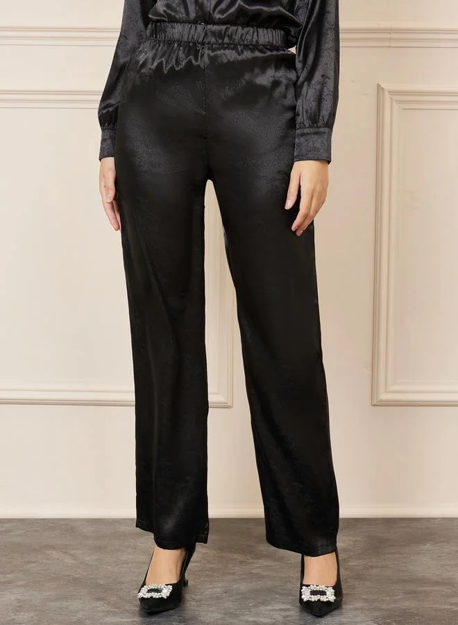 ستايلي Satin Jacquard Print Tassel Hem Shirt and Straight Leg Pant Set
