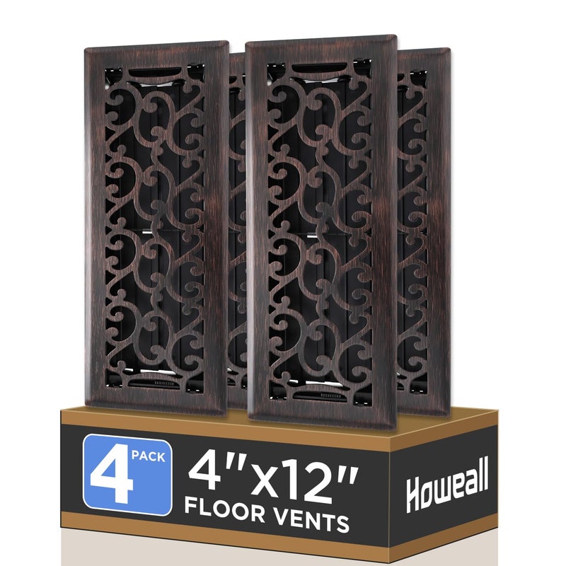 Howeall 4X12 Inches 4 Pack Heavy Duty Walkable Floor Register - Easy Adjust Air Supply Lever Decorative Floor Vent Covers  Savannah Design Vent Covers For Home - Oil Rubbed Bronze - Image 1