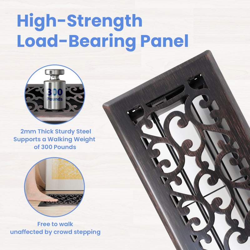 Howeall 4X12 Inches 4 Pack Heavy Duty Walkable Floor Register - Easy Adjust Air Supply Lever Decorative Floor Vent Covers  Savannah Design Vent Covers For Home - Oil Rubbed Bronze - Image 2