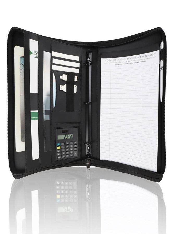 Freeprint Business Portfolio with Zipper 3 Ring Binder Organizer - PU Leather Folder Padfolio Document Organizer with Solar Calculator,Writing Pad - Image 1