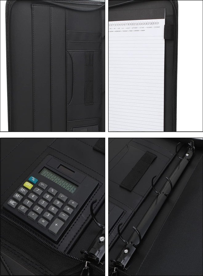 Freeprint Business Portfolio with Zipper 3 Ring Binder Organizer - PU Leather Folder Padfolio Document Organizer with Solar Calculator,Writing Pad - Image 4