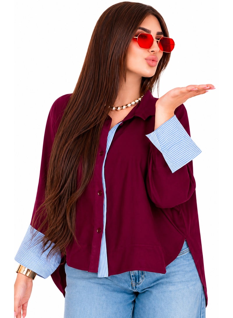 Women's Oversized Burgundy Shirt with Blue & White Striped Cuffs and Details - Image 1