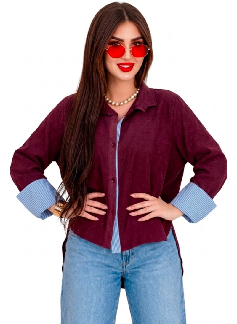Women's Oversized Burgundy Shirt with Blue & White Striped Cuffs and Details - Image 3