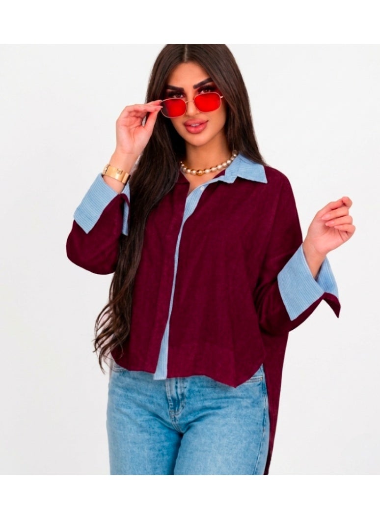 Women's Oversized Burgundy Shirt with Blue & White Striped Cuffs and Details - Image 2