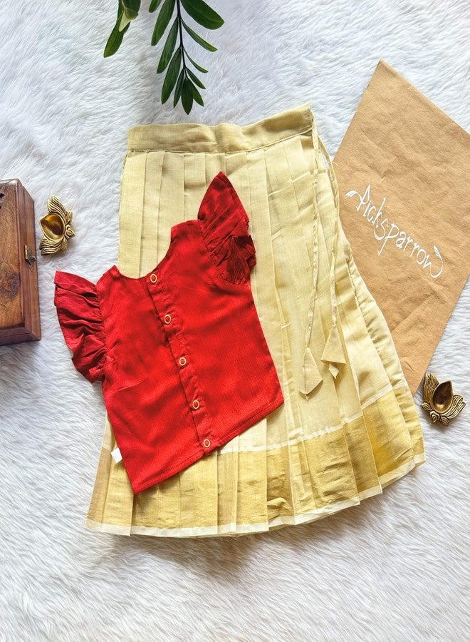 Picksparrow طقم كاسافو باتوبافاداي/لينغا تقليدي للبنات الصغيرات من بيكسبارو (لون الطاووس - قماش) (أحمر، 6-12 شهرًا) - Image 3