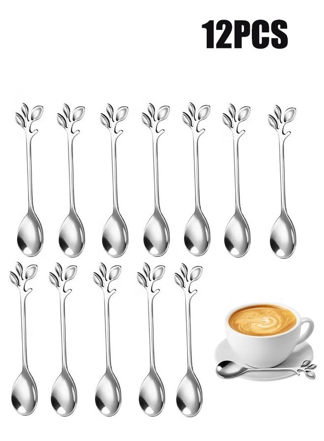 YJ 12 PCS Elegant Silver Leaf Coffee Spoons 4.9" Mini Stainless Steel Espresso and Dessert Tea Spoons Creative Leaf Tableware Dessert Spoon for Stirring Mixing Sugar Ice Cream Cake Coffee Tea - Image 1