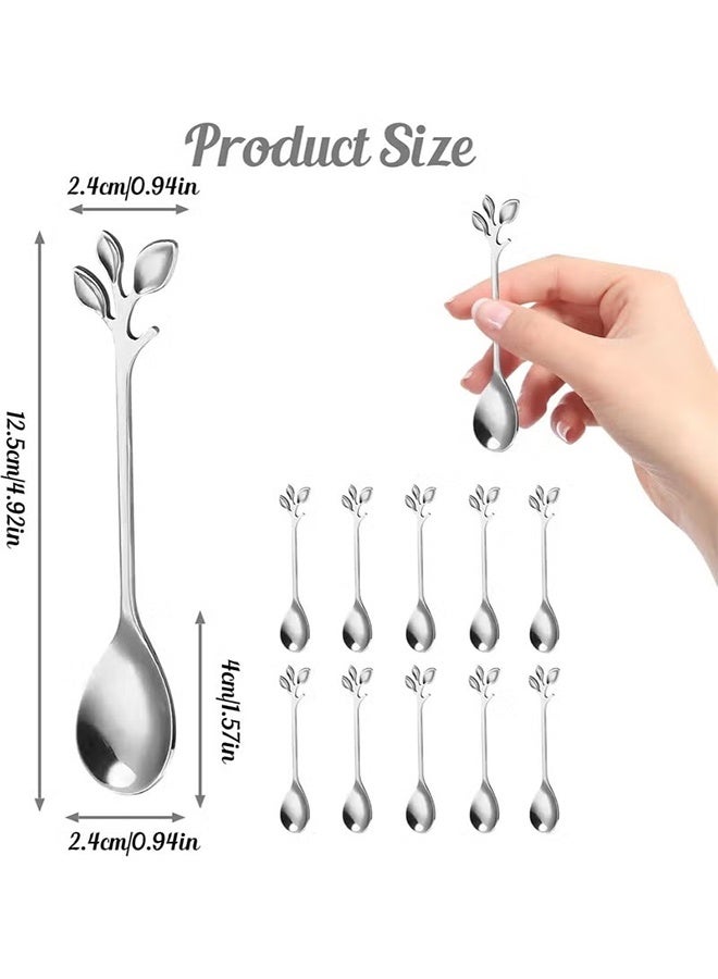 YJ 12 PCS Elegant Silver Leaf Coffee Spoons 4.9" Mini Stainless Steel Espresso and Dessert Tea Spoons Creative Leaf Tableware Dessert Spoon for Stirring Mixing Sugar Ice Cream Cake Coffee Tea - Image 4