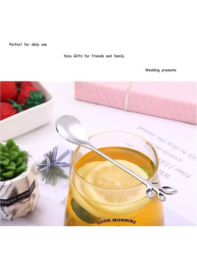 YJ 12 PCS Elegant Silver Leaf Coffee Spoons 4.9" Mini Stainless Steel Espresso and Dessert Tea Spoons Creative Leaf Tableware Dessert Spoon for Stirring Mixing Sugar Ice Cream Cake Coffee Tea - Image 2