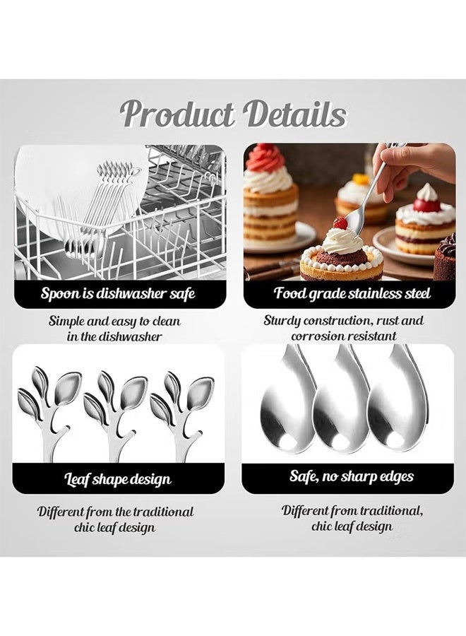 YJ 12 PCS Elegant Silver Leaf Coffee Spoons 4.9" Mini Stainless Steel Espresso and Dessert Tea Spoons Creative Leaf Tableware Dessert Spoon for Stirring Mixing Sugar Ice Cream Cake Coffee Tea - Image 3
