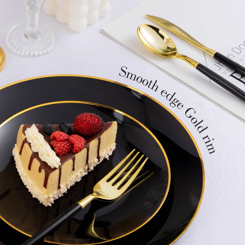 Bestluck 100PCS Black Plastic Plates with Gold Rim, Black Gold Disposable Plates for Party, Graduation and Wedding, Include 50 Dinner Plates, 50 Dessert Plates for 50 Guests - Image 3