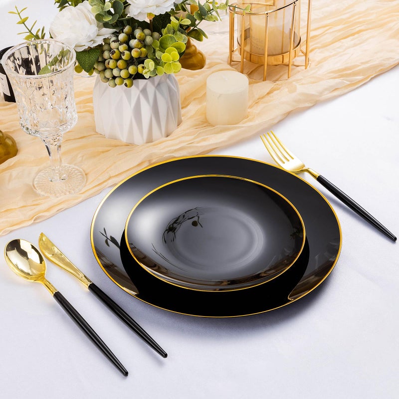 Bestluck 100PCS Black Plastic Plates with Gold Rim, Black Gold Disposable Plates for Party, Graduation and Wedding, Include 50 Dinner Plates, 50 Dessert Plates for 50 Guests - Image 4