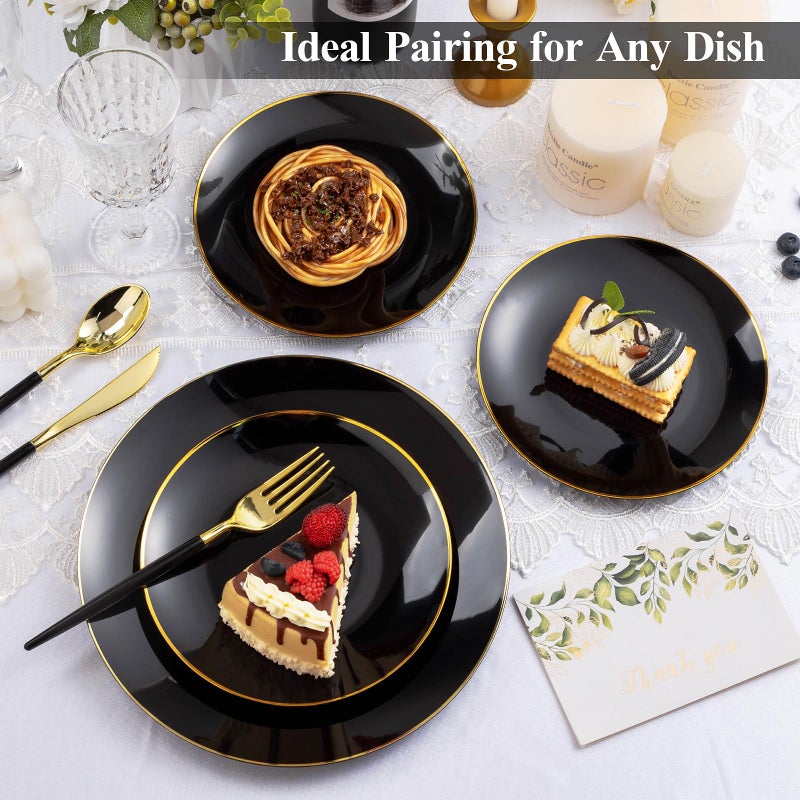 Bestluck 100PCS Black Plastic Plates with Gold Rim, Black Gold Disposable Plates for Party, Graduation and Wedding, Include 50 Dinner Plates, 50 Dessert Plates for 50 Guests - Image 5