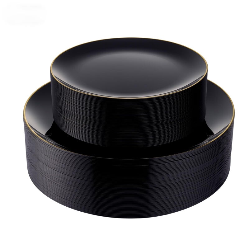 Bestluck 100PCS Black Plastic Plates with Gold Rim, Black Gold Disposable Plates for Party, Graduation and Wedding, Include 50 Dinner Plates, 50 Dessert Plates for 50 Guests - Image 1