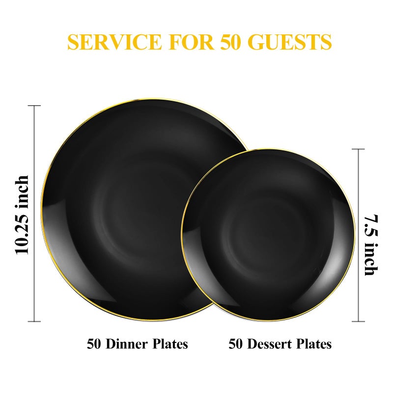 Bestluck 100PCS Black Plastic Plates with Gold Rim, Black Gold Disposable Plates for Party, Graduation and Wedding, Include 50 Dinner Plates, 50 Dessert Plates for 50 Guests - Image 2