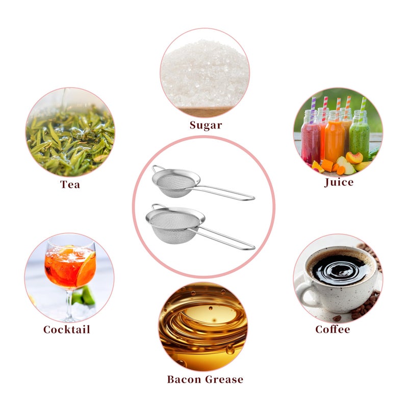 XZZWLL 2 Pack Fine Mesh Strainers, Mini Stainless Steel Strainer with Handle for Kitchen, Metal Sieve Sifters for Straining Tea, Matcha, Cocktail, Juice and Coffee (8.6in 7.5in) - Image 4