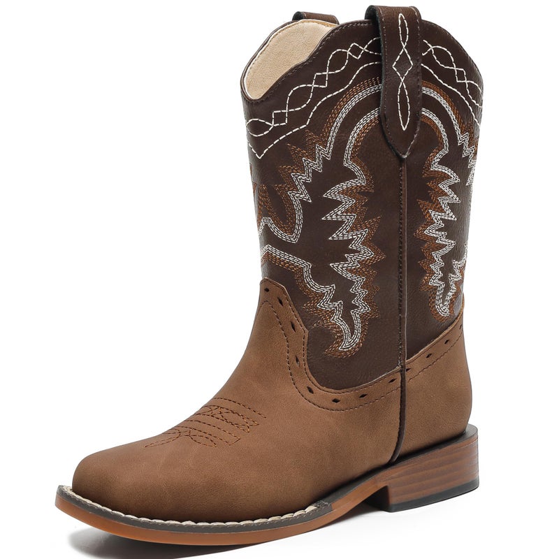 Parrosoo Boys Cowboy Boots for Kids Cowgirl Western Boot Riding Shoes Size 4 Big Kid Square Toe Wide Calf Youth Boy Horse West Clothes Cow Horseback Low Heel Hunting Fashion(8902 Brown Tan 4) - Image 1