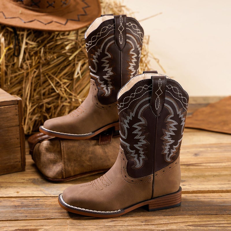 Parrosoo Boys Cowboy Boots for Kids Cowgirl Western Boot Riding Shoes Size 4 Big Kid Square Toe Wide Calf Youth Boy Horse West Clothes Cow Horseback Low Heel Hunting Fashion(8902 Brown Tan 4) - Image 5