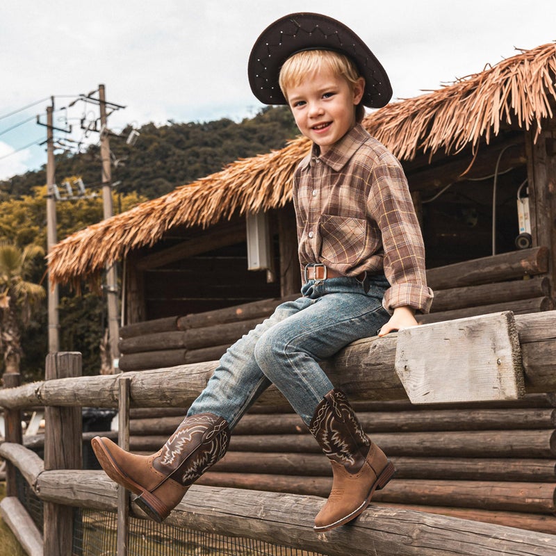 Parrosoo Boys Cowboy Boots for Kids Cowgirl Western Boot Riding Shoes Size 4 Big Kid Square Toe Wide Calf Youth Boy Horse West Clothes Cow Horseback Low Heel Hunting Fashion(8902 Brown Tan 4) - Image 2