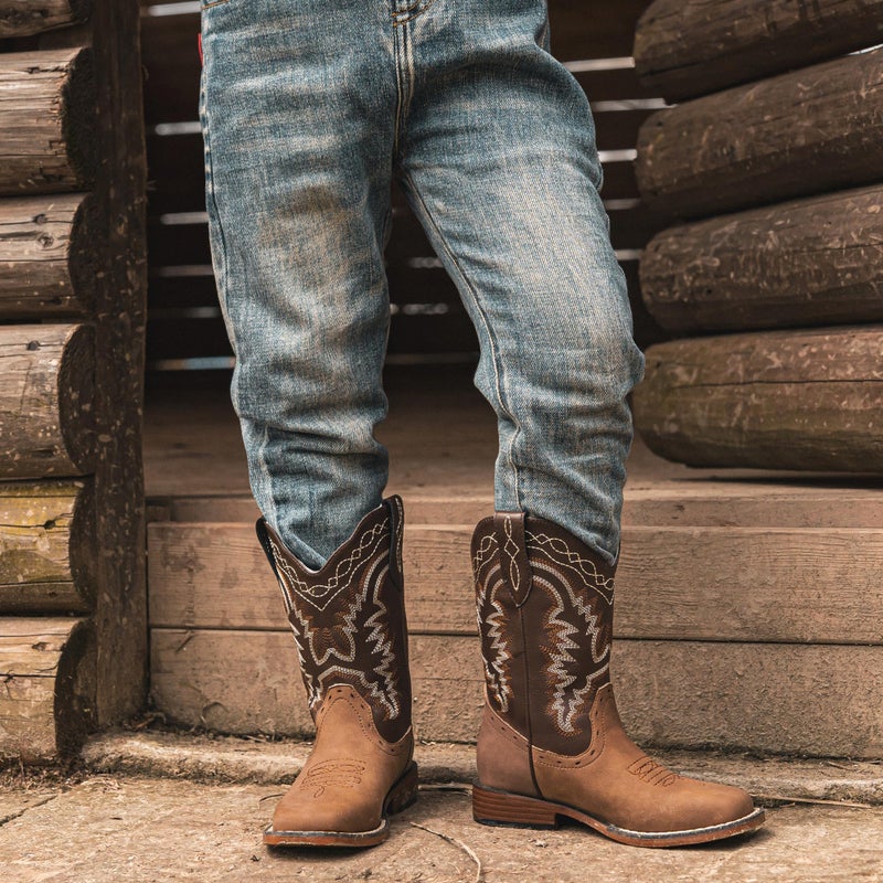 Parrosoo Boys Cowboy Boots for Kids Cowgirl Western Boot Riding Shoes Size 4 Big Kid Square Toe Wide Calf Youth Boy Horse West Clothes Cow Horseback Low Heel Hunting Fashion(8902 Brown Tan 4) - Image 3