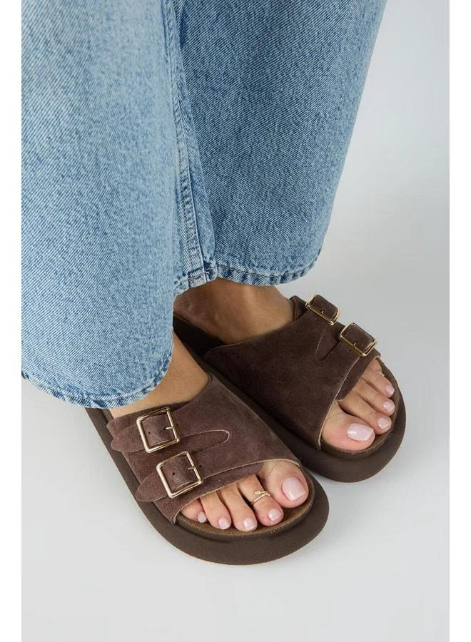 Lirio Women's Genuine Leather Single Strap Double Buckle Coffee Slippers.