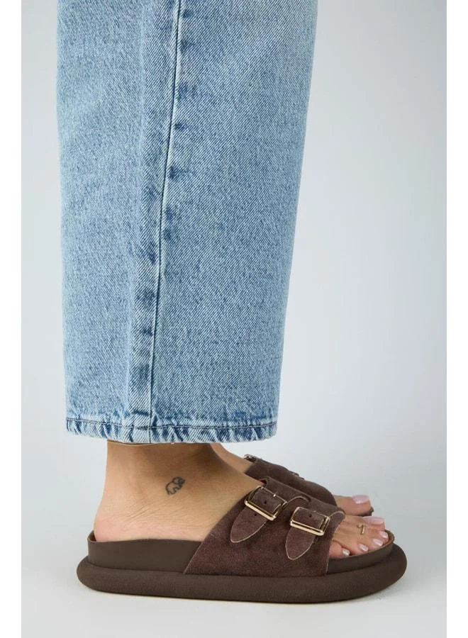 Manijero  Lirio Women's Genuine Leather Single Strap Double Buckle Coffee Slippers. for Women | Best Price UAE