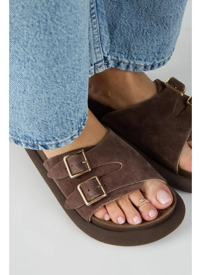 Manijero  Lirio Women's Genuine Leather Single Strap Double Buckle Coffee Slippers. for Women | Best Price UAE
