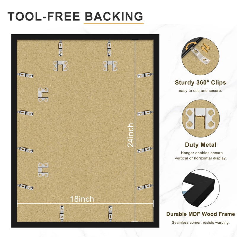 Picrit 18x24 Black Poster Frame 7 Pack, Display Pictures 16 x 20 Picture with Mat or 18 x 24 without Mat for Horizontal or Vertical Wall Mounting, Wall Gallery Photo Frames - Image 4