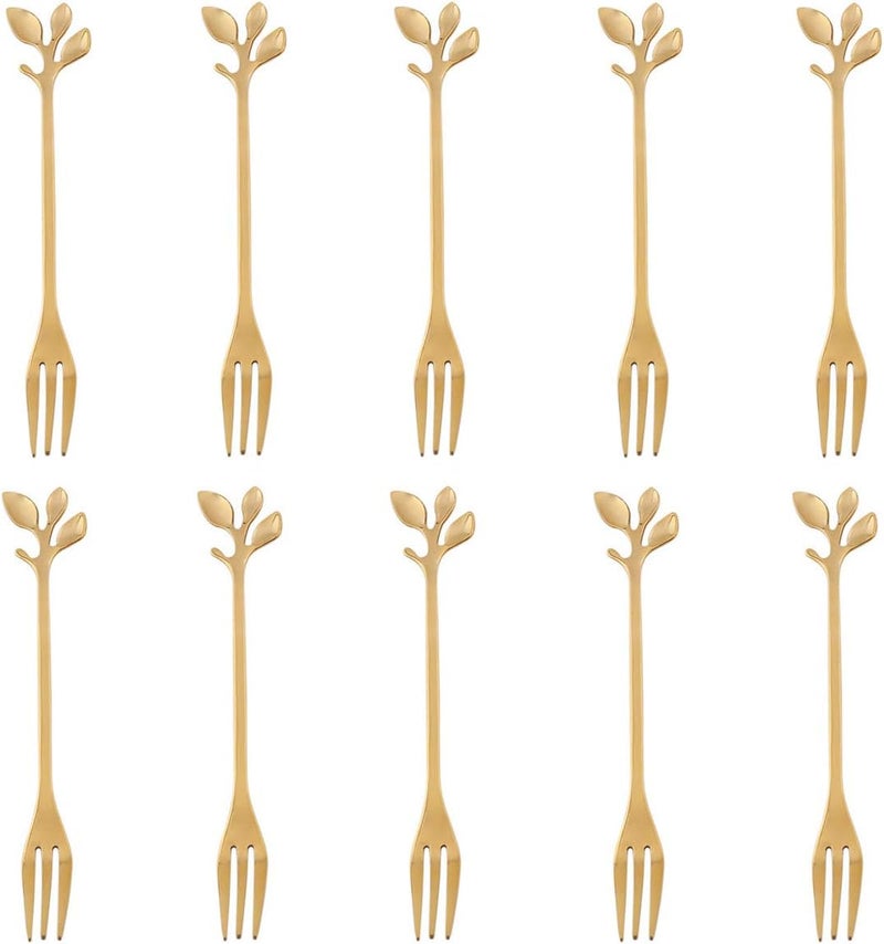 AnSaw 10-Piece Gold Mini Leaf Dessert Forks Set - 4.7" Elegant Stainless Steel Fruit, Appetizer, Cake & Salad Forks - Perfect for Cocktail Parties & Home Use - Image 1