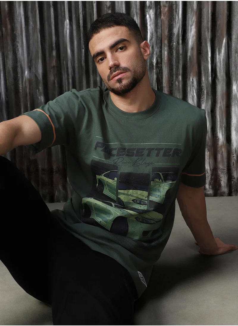HIGH STAR Men's Green 100% Cotton Printed Relaxed Fit T-Shirt
