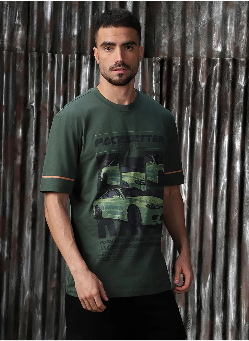 HIGH STAR Men's Green 100% Cotton Printed Relaxed Fit T-Shirt