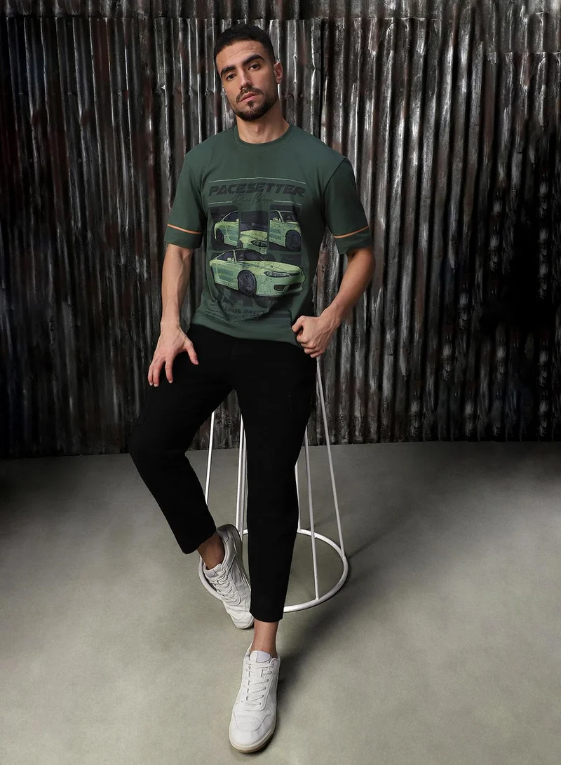 HIGH STAR Men's Green 100% Cotton Printed Relaxed Fit T-Shirt