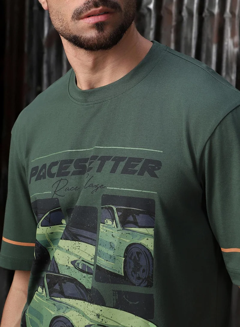HIGH STAR Men's Green 100% Cotton Printed Relaxed Fit T-Shirt