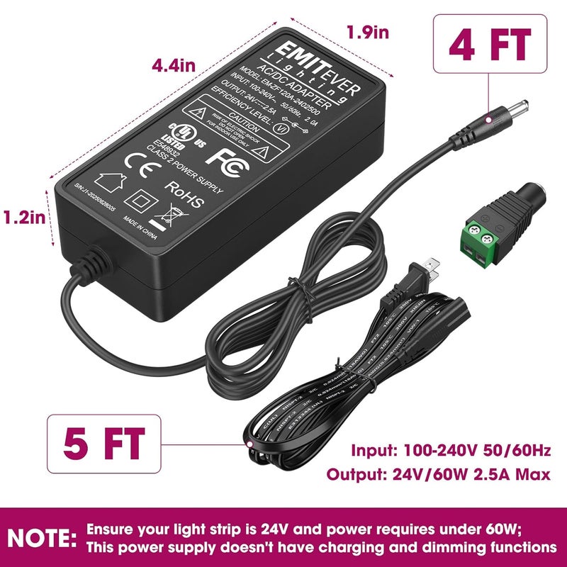 EMITEVER 24V Power Supply 60W 2Packs, 2.5A LED Power Adapter UL-Listed, 100-240V AC to 24V DC Converter Lighting Transformers for LED Strip Lights,CCTV Cameras - Image 5