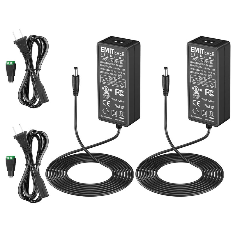 EMITEVER 24V Power Supply 60W 2Packs, 2.5A LED Power Adapter UL-Listed, 100-240V AC to 24V DC Converter Lighting Transformers for LED Strip Lights,CCTV Cameras - Image 1