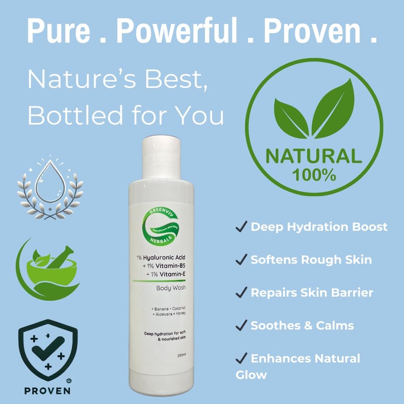 Greenviv 1% Hyaluronic Acid + 1% Vitamin B5 + 1% Vitamin E Intense Hydration & Nourishing Body Wash | Deeply Hydrates, Softens & Revitalizes Skin | 200ml - Image 2