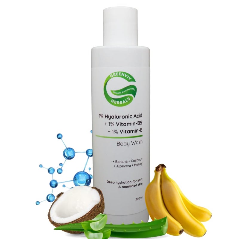 Greenviv 1% Hyaluronic Acid + 1% Vitamin B5 + 1% Vitamin E Intense Hydration & Nourishing Body Wash | Deeply Hydrates, Softens & Revitalizes Skin | 200ml - Image 1