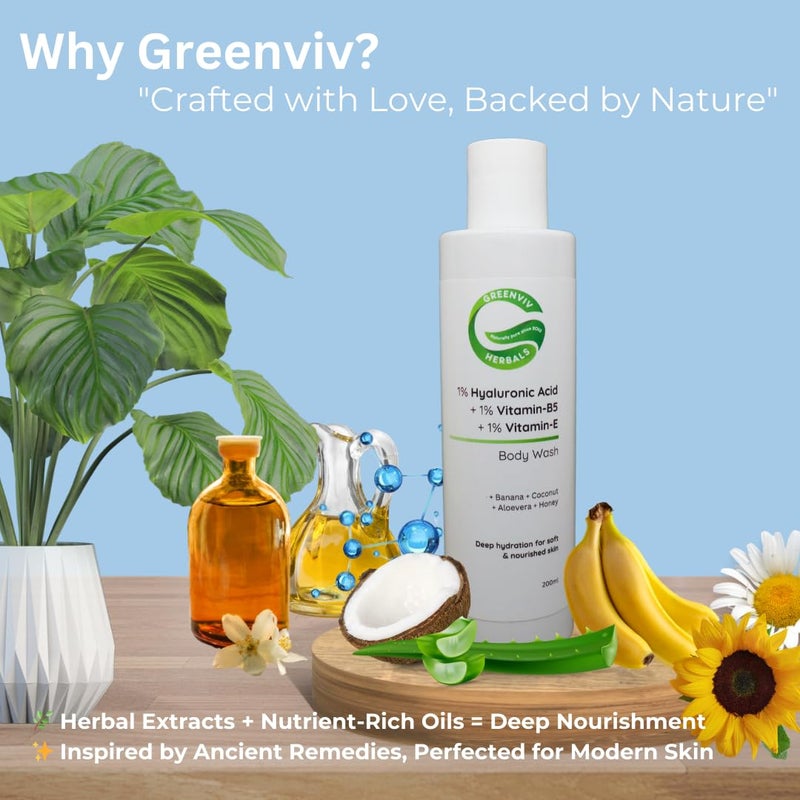 Greenviv 1% Hyaluronic Acid + 1% Vitamin B5 + 1% Vitamin E Intense Hydration & Nourishing Body Wash | Deeply Hydrates, Softens & Revitalizes Skin | 200ml - Image 4