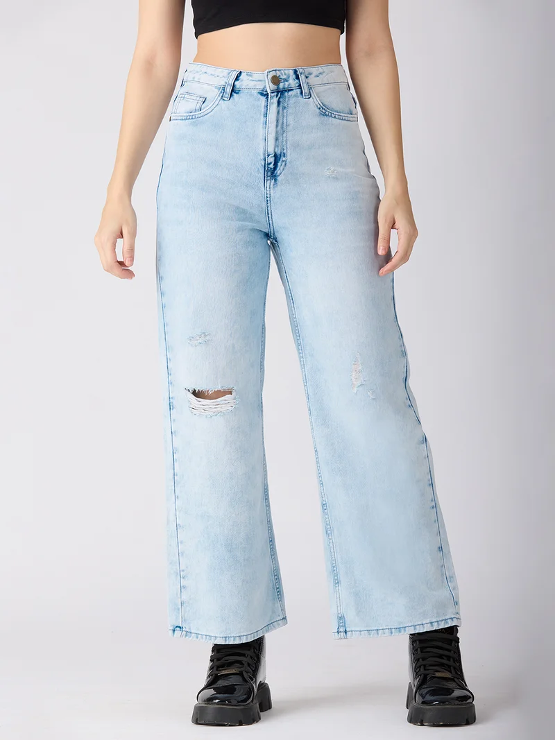 جلو باص جينز نسائي واسع الساق بخصر متوسط وقطن ديستريس من جلوبس