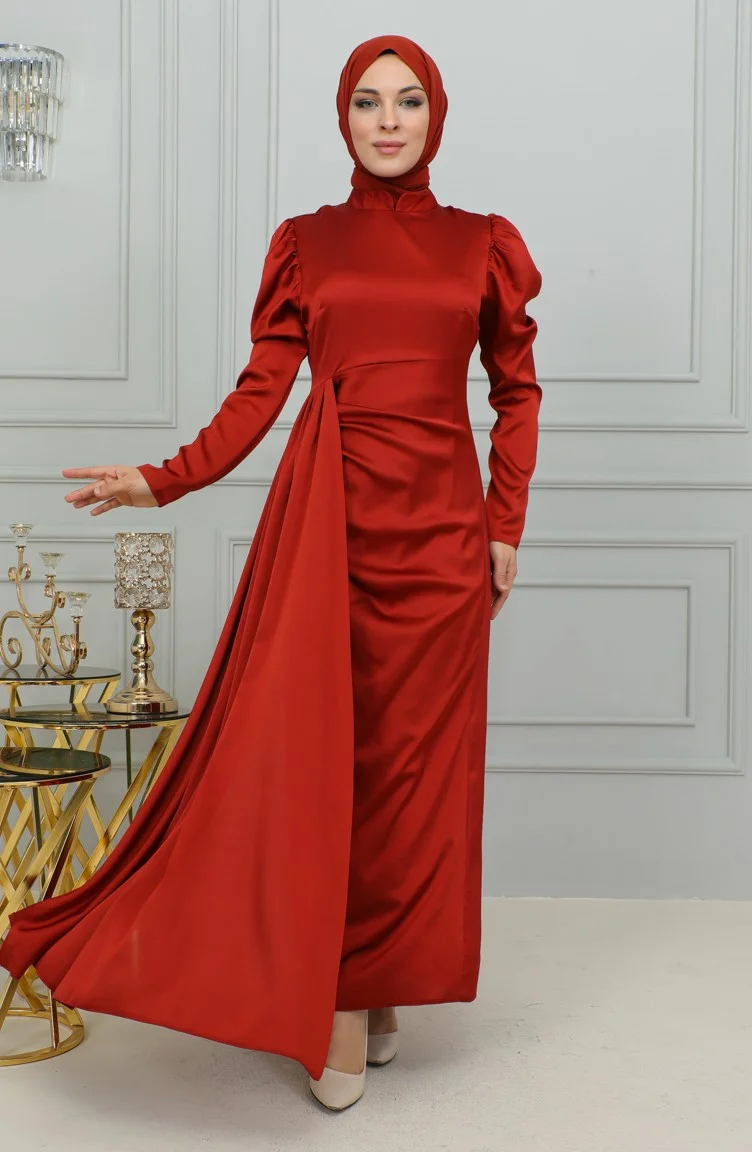 Sefa Merve Pleated Detailed Satin Evening Dress 6154-04 Dark Brick