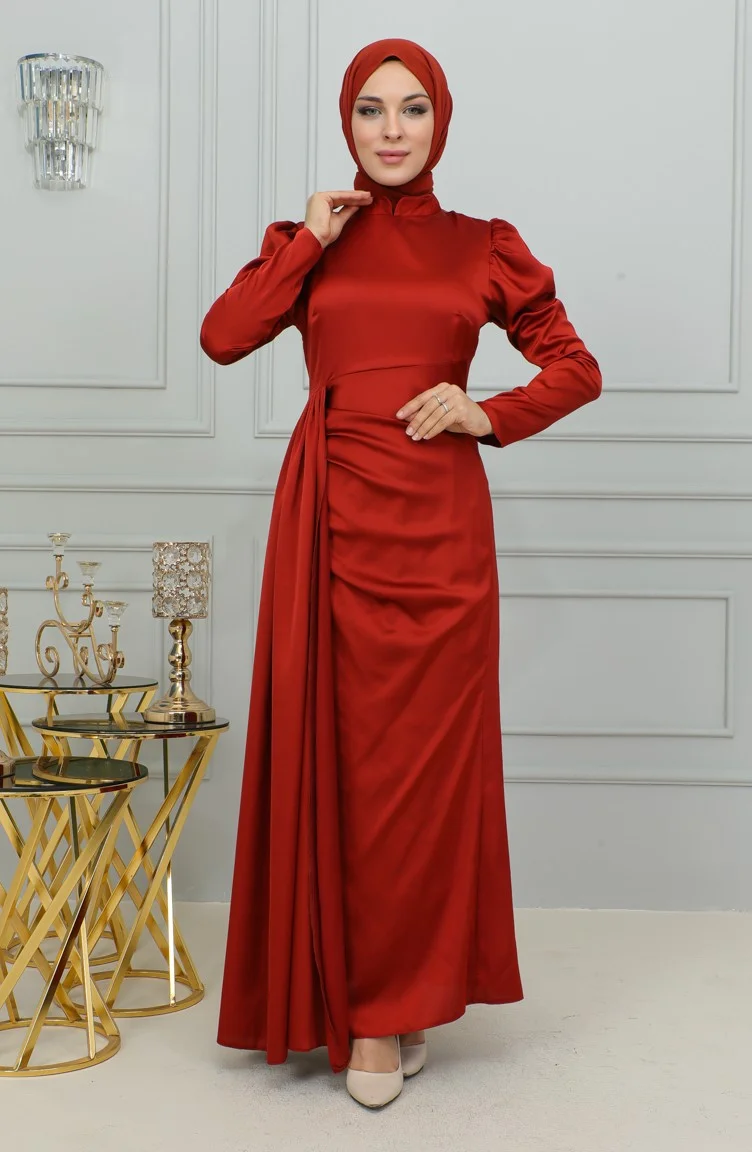 Sefa Merve Pleated Detailed Satin Evening Dress 6154-04 Dark Brick