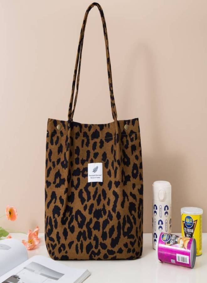 Retro corduroy shoulder tote bag portable canvas bag large capacity portable ins Japanese girl student bag B21302 Leopard B21302 Regular L39xW12xH35cm - Image 3
