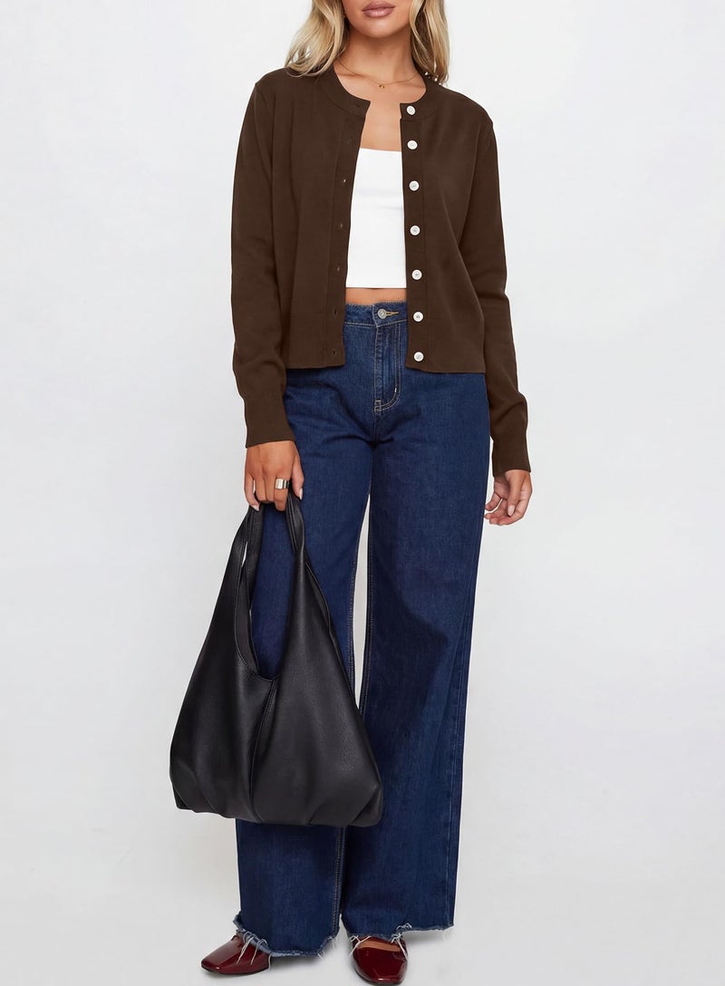 Darong Womens Cropped Cardigan Sweaters Crew Neck Long Sleeve Button Up Sweaters Lightweight Knit Trendy Sweaters 9128 Deep Brown S - Image 3