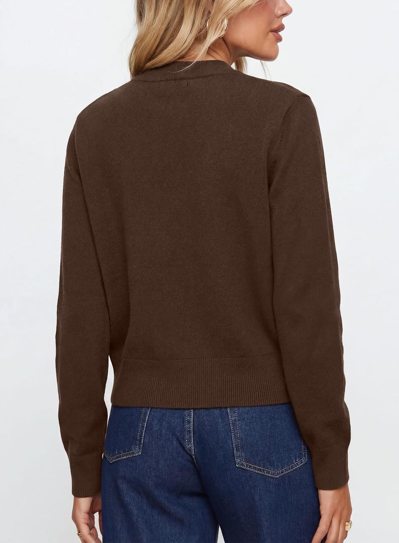 Darong Womens Cropped Cardigan Sweaters Crew Neck Long Sleeve Button Up Sweaters Lightweight Knit Trendy Sweaters 9128 Deep Brown S - Image 2