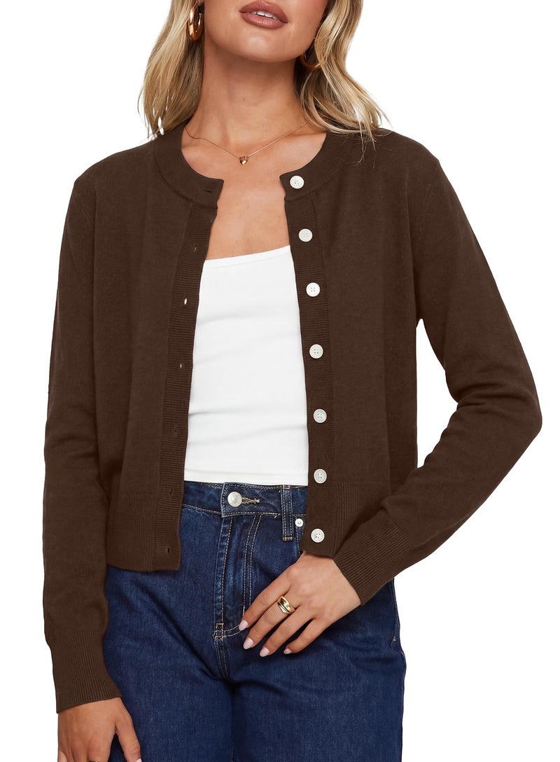Darong Womens Cropped Cardigan Sweaters Crew Neck Long Sleeve Button Up Sweaters Lightweight Knit Trendy Sweaters 9128 Deep Brown S - Image 1