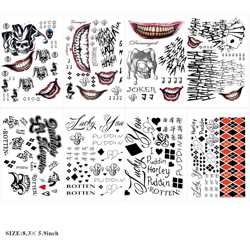 Zomme 23 Sheets Halloween Joker Tattoos for Men Women Adults, Halloween Face Fake Temporary Tattoos, Halloween Snake Skull Bat Spider Scar Fake Tattoos Set for Halloween Cosplay Makeup Party Accessories - Image 2